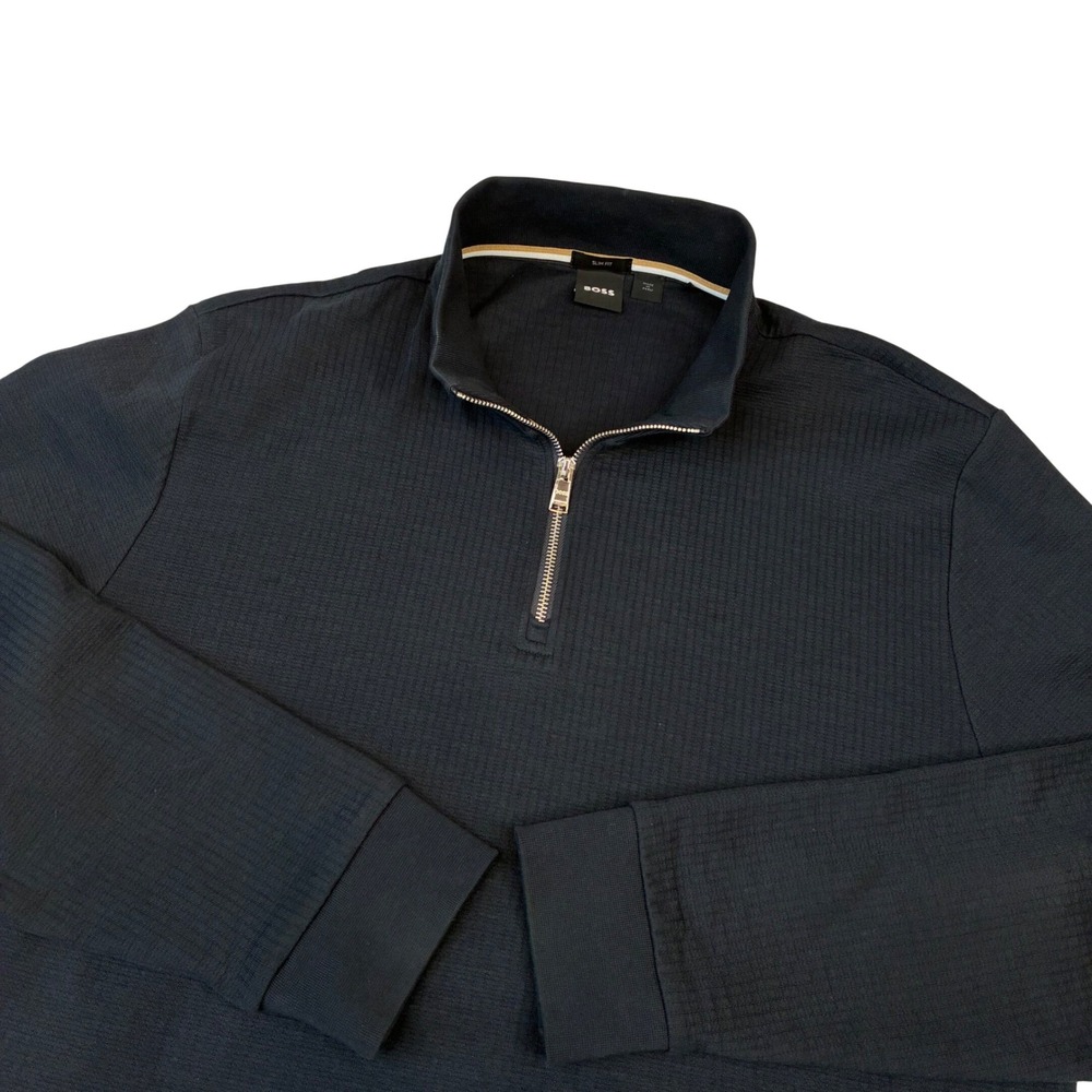 Hugo Boss Quarter‎ Zip Pullover Men XXL Black Slim Fit Ribbed Knit Sweater Logo